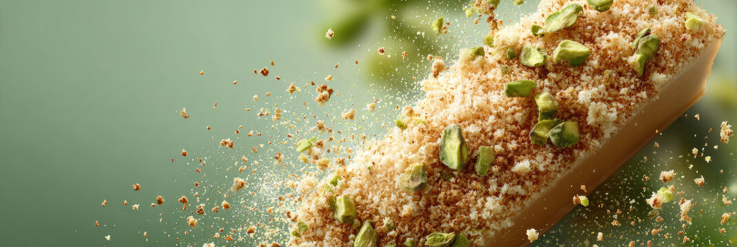 Pistachio dessert bar with crunchy kataifi topping and green nuts dynamically falling, creating an inviting composition of flavor and texture on a green background