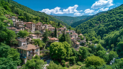 Fototapeta premium Aerial view of a hillside village with stone buildings and red tile roofs nestled among lush green trees