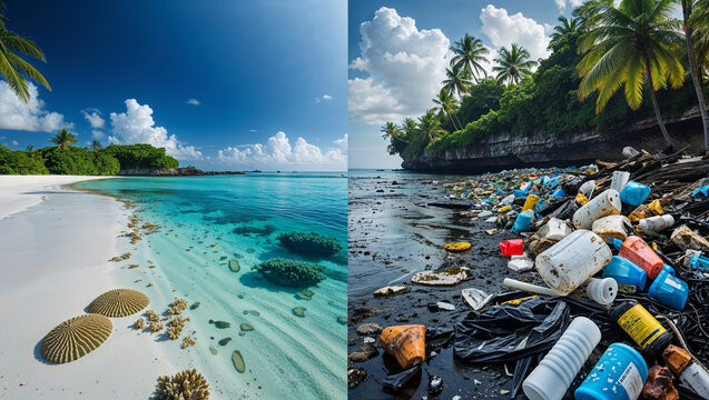 Split image: pristine tropical beach contrasts with polluted coastline littered with plastic waste