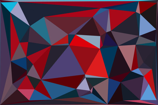 Abstract geometric triangular backdrop with dark red and blue polygonal mosaic pattern art.