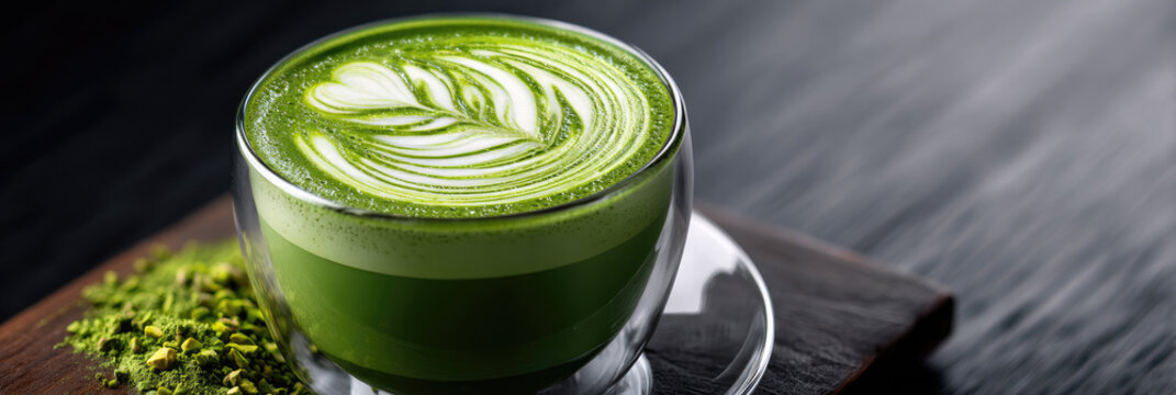 Pistachio cream latte art showing a captivating green and white swirl, served on a natural wooden table with fresh green leaves and a bowl of matcha powder