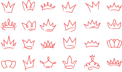Collection of hand drawn red crown isolated on a white background, various royal headgear shapes for annotation © farhanatisha