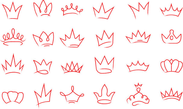 Collection of hand drawn red crown isolated on a white background, various royal headgear shapes for annotation