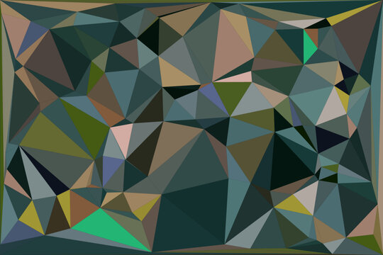 Dark muted geometric triangular pattern background in shades of green blue and earth tones.
