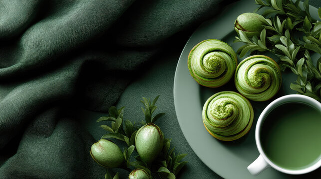 Pistachio swirled pastries and a matching green beverage creating a harmonious monochrome aesthetic, artfully arranged on a green plate with natural decorative elements