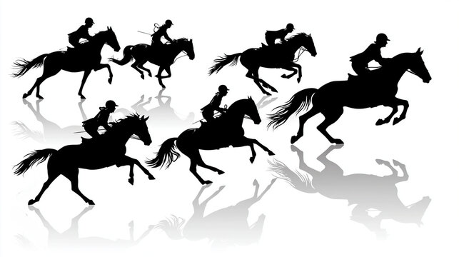 Horse riding silhouettes collection, equestrian jump action, rider posture demonstration, reins handling technique, galloping horse motion, black vector graphics, show jumping