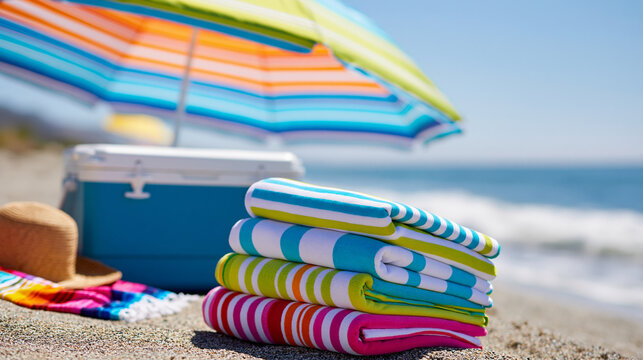 Close-up of a colorful beach setup with umbrella, towels and cooler on a sunny shore, beach setup concept, umbrella and cooler photography, summer vacation visualization,