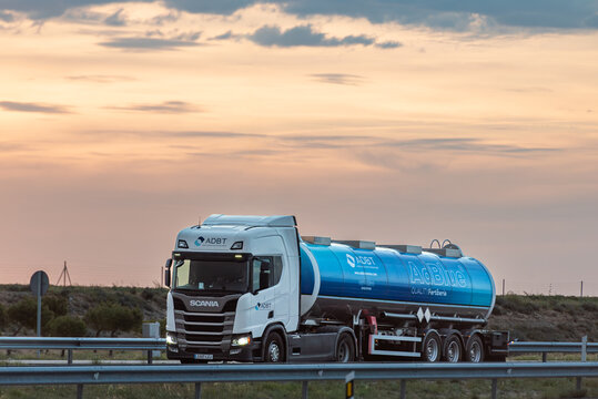 Albacete,Spain, 5/12/2026; Tanker truck with adblue driving on a highway.