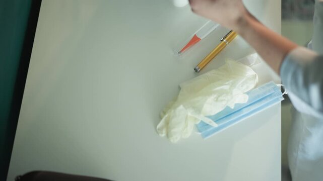Focused paramedic carefully organizes essential emergency response equipment at home. Trained medic meticulously lays out vital supplies and protective gear for urgent medical intervention