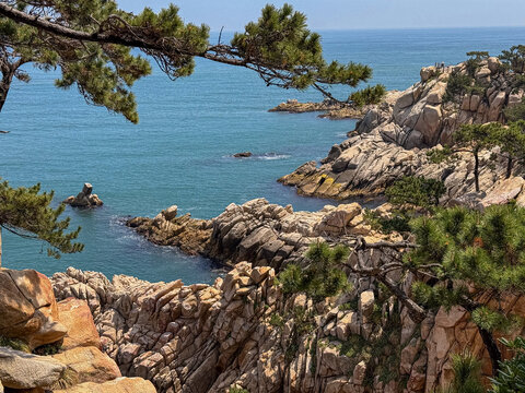 Ulsan, South Korea, April 18, 2026: Ulsan Daewangam Park with a Forest Trail Leading to Coastal Red Rock Formations, Iron Bridge, Observation Tower  울산 대왕암 대암교 공원
