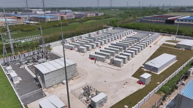 Aerial view of energy storage power station equipment in industrial park