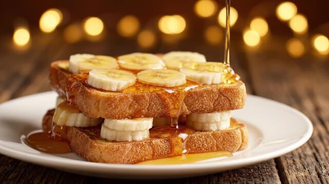 Pouring golden syrup over toasted bread stack with sliced bananas against warm bokeh background