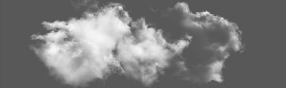 Realistic white and grey clouds with soft edges and volumetric detail against a dark background isolated on transparent background