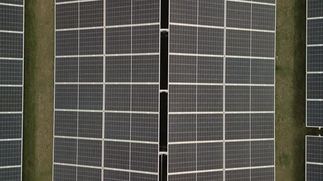 Top-down aerial view of a solar panel farm. Cinematic drone flight forward over rows of photovoltaic modules generating clean renewable energy.