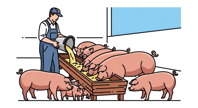 Farmer feeding pigs on a farm livestock agriculture.