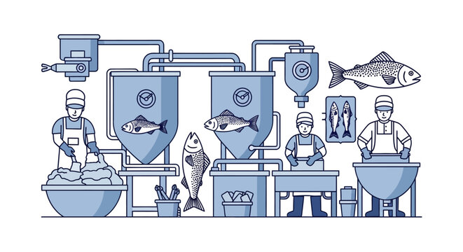 Fish processing factory workers at work.