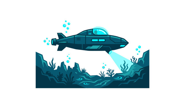 Submarine Exploring Ocean Floor Underwater.