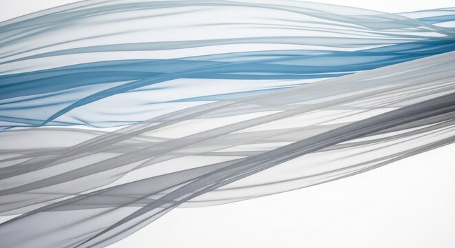 Abstract flowing ribbons of blue and gray dynamic wave design on white background