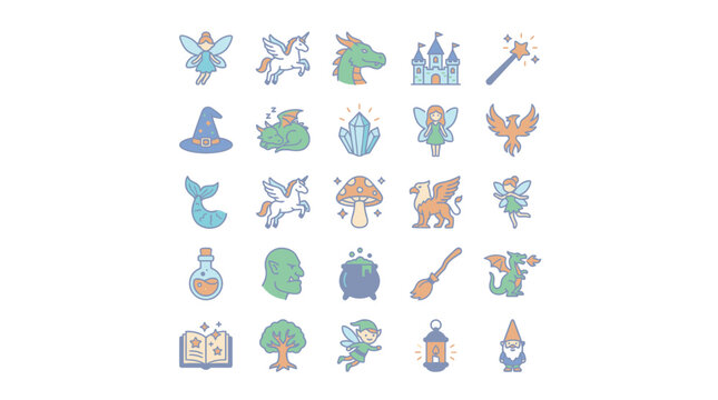 Various fantasy cartoon icons and symbols.