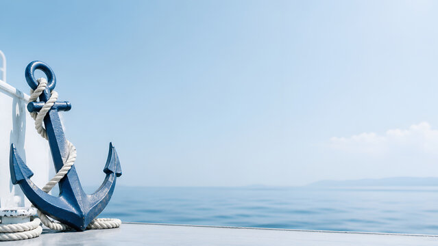 Blue anchor with rope on ship deck against calm sea symbolizing maritime tradition security and Day of the Seafarer