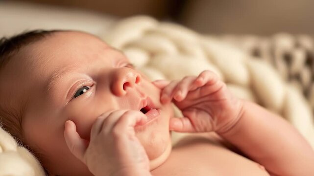 Newborn baby lying on chunky knit blanket touching face with tiny hands