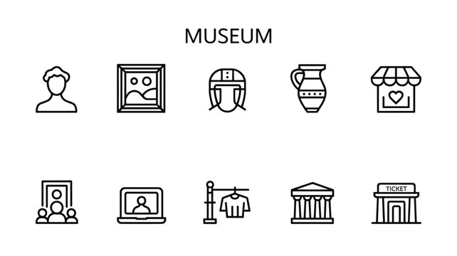 Museum Icon Set: A collection of clean, modern icons representing various aspects of a museum experience, including art, artifacts, visitors, and the building itself, presented in a clear.