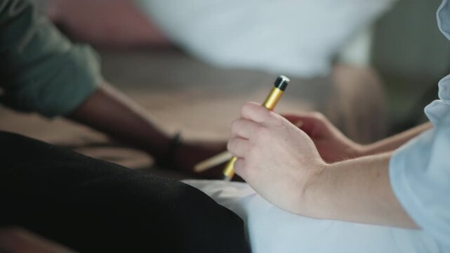 Caucasian nurse administering insulin pen near leg, bedside education moment with patient, hands guiding technique and dose, soft daylight, calm supportive atmosphere and clear instruction