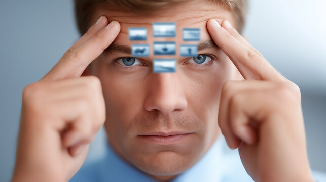 Focused man analyzing detailed retinal eye scan data with blue tint lighting