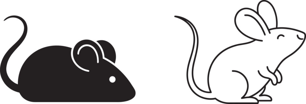 Minimalist mouse vector silhouette and line art icon set cute small rodent characters isolated on white background for logo design
