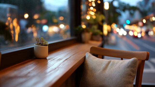 Cozy cafe interior with wooden table, cushion, and blurred city lights