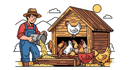 Farmer feeding chickens at a wooden chicken coop on a sunny day. © Nayla