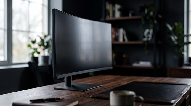 Sleek Curved Monitor on Executive Desk for Modern Workspace Website Hero