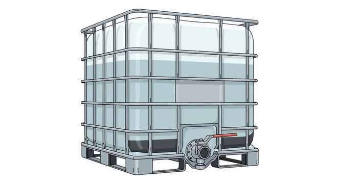 Industrial Intermediate Bulk Container IBC tank for liquid storage with protective metal cage and pallet base on white background