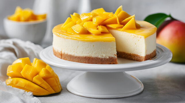 Delicious mango cheesecake with fresh mango slices on white cake stand
