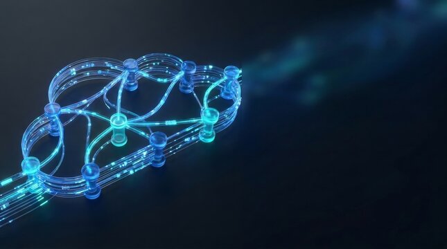 Abstract cloud observability and glowing data telemetry network with copy space