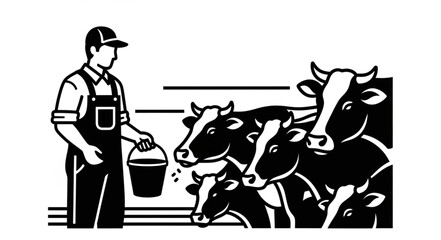 Farmer feeding cows in a barn with a bucket. © Nayla