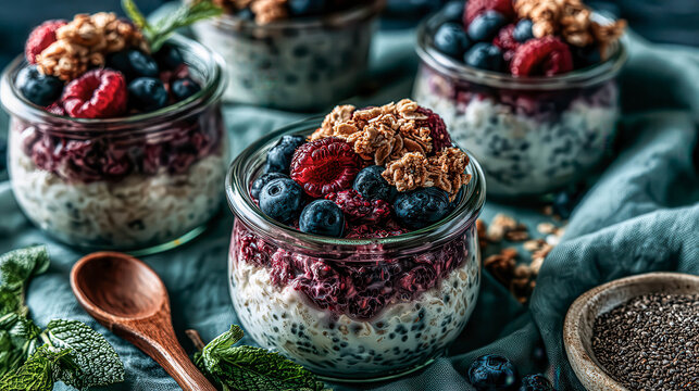 Glass jars hold vibrant, layered breakfasts. Blueberries, raspberries, chia seeds, and granola top each. Fresh mint and wood spoon add rustic charm. Soft lighting enhances textures and colors