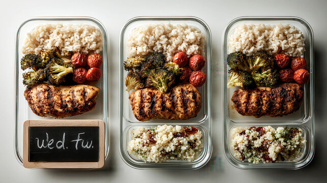 Three meal prep containers lined up neatly. Grilled chicken, rice, and roasted veggies fill each compartment. Simple chalkboard label reads "Wed Thu". Healthy