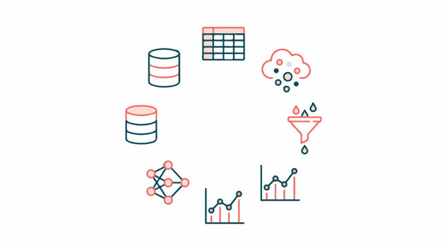 Data processing and analytics icons arranged in a circular composition featuring database storage cloud computing funnel filter and line charts