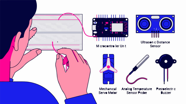 Person wiring electronic components on a breadboard with microcontroller and sensors in a flat vector illustration style