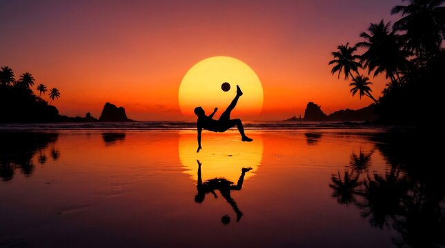 Soccer Silhouette at Sunset: A lone athlete's silhouette is captured mid-kick, performing a breathtaking bicycle kick with a soccer ball against the backdrop of a vibrant.