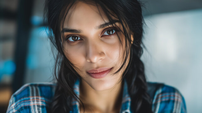Close-up portrait of confident young woman with natural light indoors