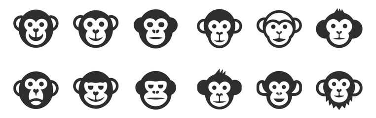 Monkey Face Collection. A set of vector icons depicting various monkey faces with different emotions and expressions. © Vector By Kolpona