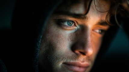Fototapeta premium Close-up Portrait of Thoughtful Young Man with Blue Eyes in Dark Light