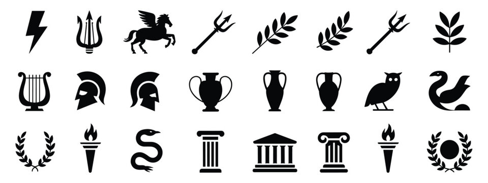 Ancient Greek Mythology Symbols. A collection of iconic symbols representing ancient Greek mythology, including Zeus's lightning bolt, Poseidon's trident, Pegasus, Ares' helmet, Athena's owl.