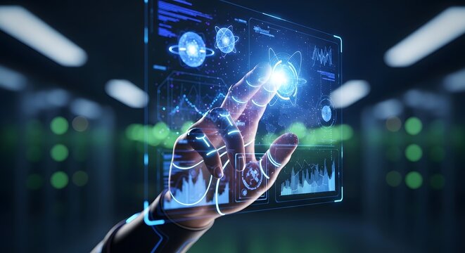 Hand interacting with a transparent digital touch screen displays complex data analytics and holographic interface elements in a server room.