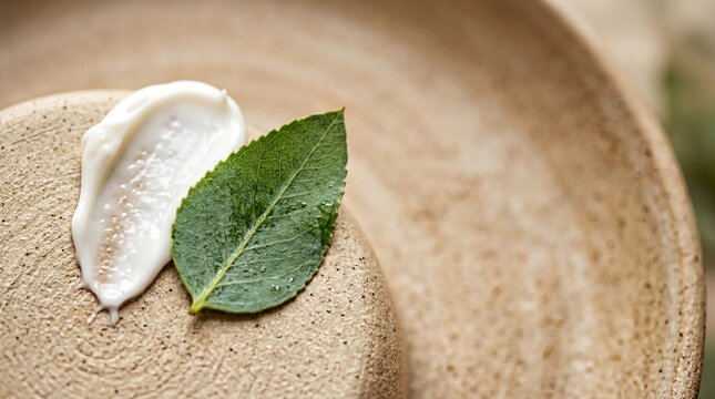 White Moisturizer Cream Smeared near Eucalyptus Leaf on Beige Ceramic for Skincare Website Hero Banner