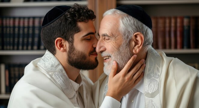 Young man embracing elderly man in religious prayer shawls