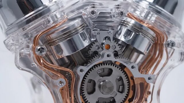 Close-up of internal engine parts revealing complex mechanics and craftsmanship. Bright clean background highlights precision engineering. Concept of automotive, manufacturing, engineering