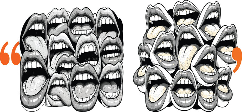 Creative illustration of multiple human mouths shouting with orange quotation marks shouting speaking expression communication illustration creative abstract dialogue discussion interaction